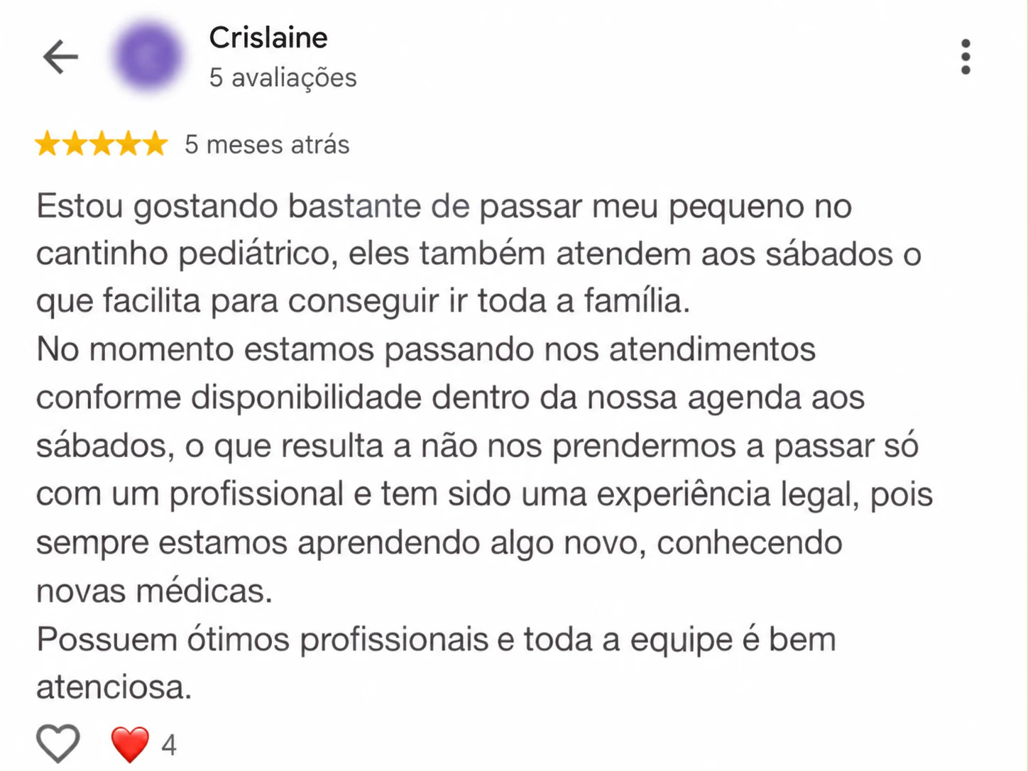 Avaliação completa de Crislaine no Google